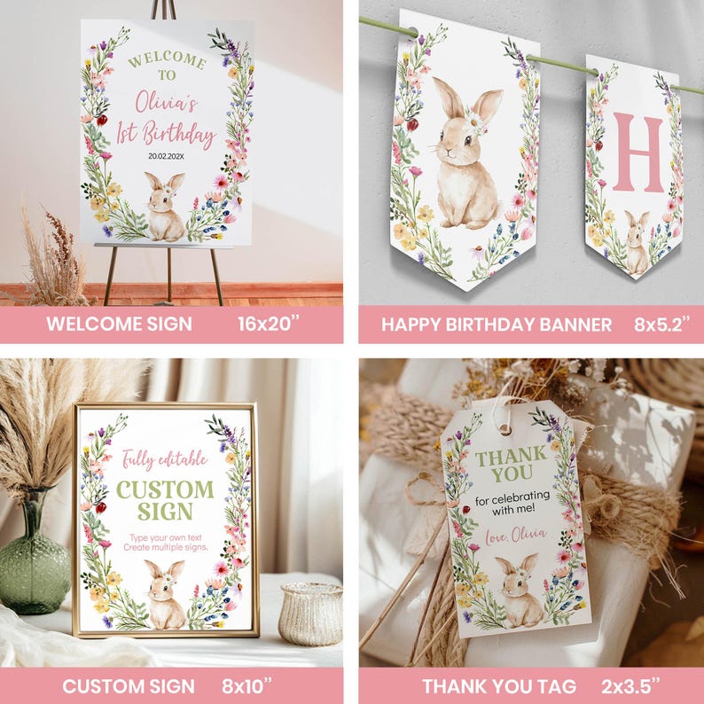 May include: A collection of party stationery featuring a watercolor bunny and floral wreath design. Includes a 16x20 inch welcome sign, an 8x5.2 inch banner, an 8x10 inch custom sign, and a 2.5x3.5 inch thank you tag with text including Olivia.