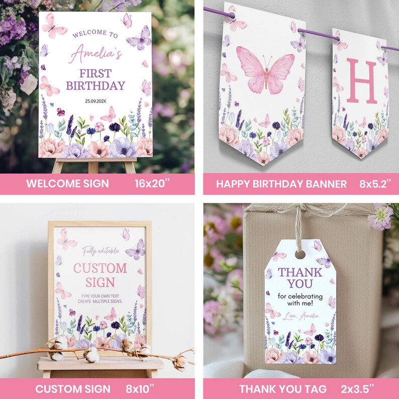 May include: A collection of party stationery featuring butterfly and floral illustrations. Includes a 16x20 inch welcome sign, a banner with pink butterflies and the letter H, an 8x10 inch custom sign, and a 2x3.5 inch thank you tag with lavender accents.