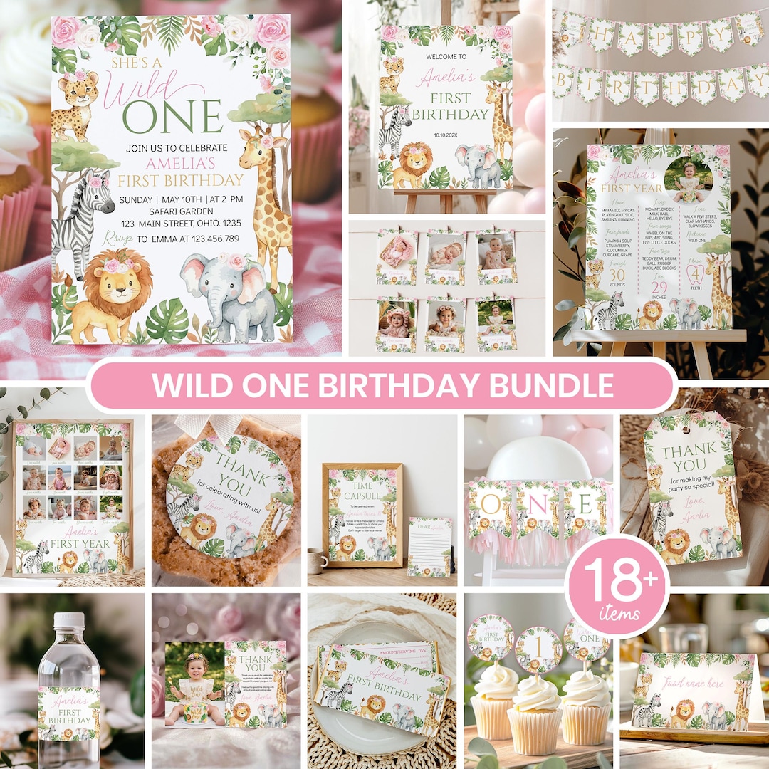 Editable Wild One Birthday Bundle | Pink Floral Safari Party ...