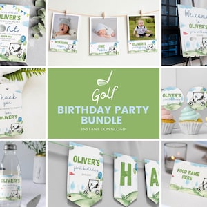 Editable Golf First Birthday Invitation Bundle, Golf Theme Birthday Party Kit, Hole In One Birthday Party Package, Printable Template. G001