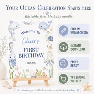 Editable Under The Sea Birthday Invitation Bundle, Cute Ocean 1st Birthday Bundle, Oneder The Sea Birthday Party Package, Printable. O015 image 2
