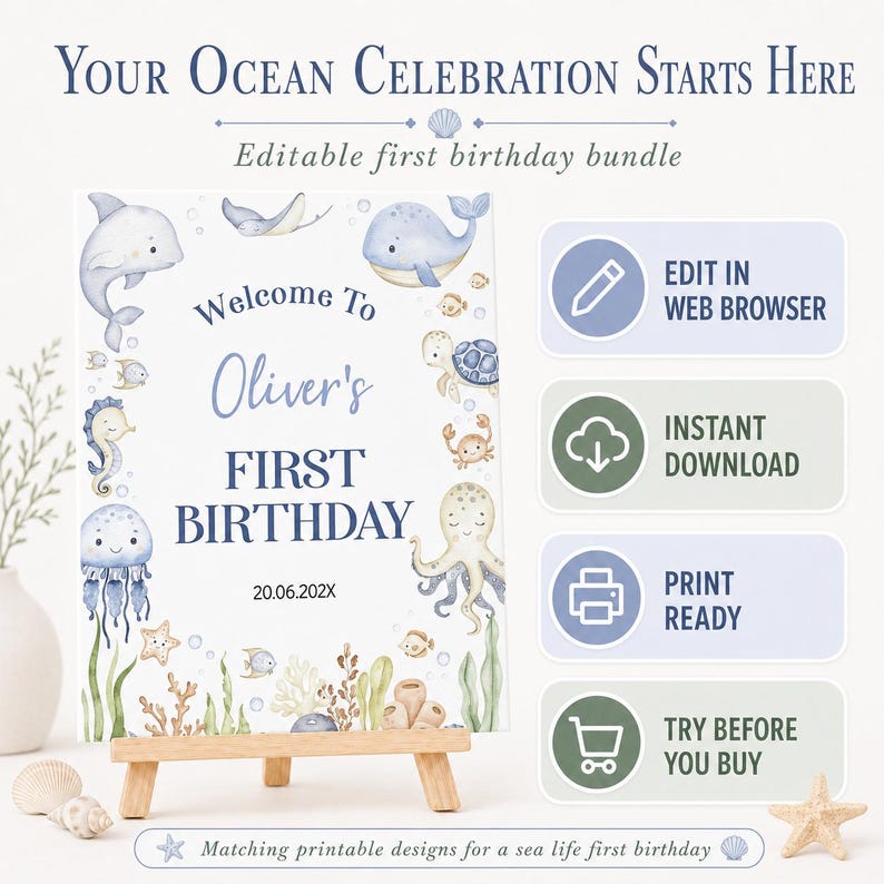 Editable Under The Sea Birthday Invitation Bundle, Cute Ocean 1st Birthday Bundle, Oneder The Sea Birthday Party Package, Printable. O015 image 2