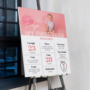 May include: A rectangular milestone board featuring a photo of a baby, the name Evelyn, and the text MY FIRST YEAR 02.02.2022. It lists stats including 23 pounds, 28 inches, 9 teeth, favorite foods, toys, and milestones in black and pink text.