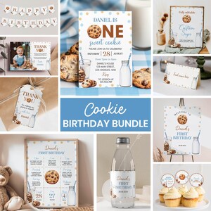 Bearbeitbares Milch und Kekse zum ersten Geburtstag Einladung Bundle, Junge zum ersten Geburtstag Einladen Kit, Geburtstagsparty Paket, Sofort Download. C010