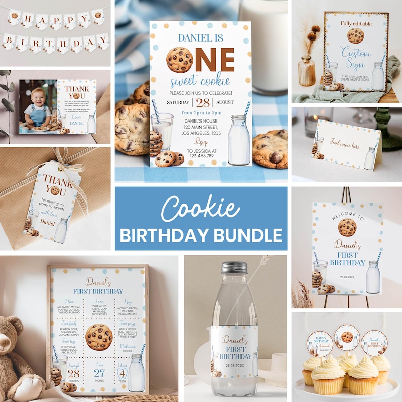Op de afbeelding: Een verjaardagsfeestset met koekjesthema inclusief printbare borden, banners, labels en etiketten. De ontwerpen bevatten blauwe en beige stippen, afbeeldingen van chocolate chip cookies en melkflesjes. Tekst bevat Daniel is one, sweet cookie en thank you.