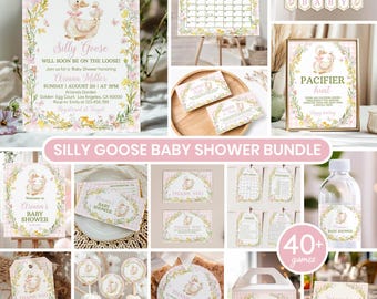 Little Silly Goose Baby Shower Invitation Bundle, Vintage Floral Goose Baby Shower Set, Greenery Pink Girl Baby Shower Kit Printable. G008