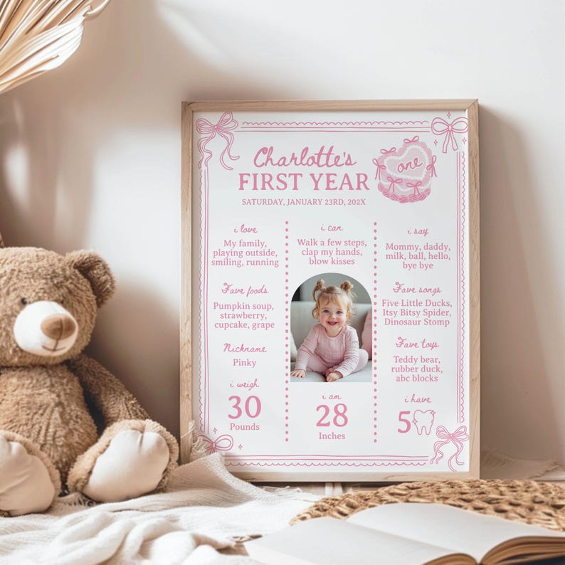 May include: A pink and white printable first birthday chart for a baby girl named Charlotte. The chart includes details about her first year, such as her favorite foods, songs, and toys. It also includes her weight, height, and a photo of her. The chart is decorated with pink bows and hearts.