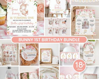Editable Some Bunny Is One Invitation Bundle, Bunny Birthday Decor Kit, Pink Gold Floral Girl 1st Birthday Package, Instant Download. R001