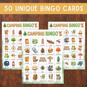 May include: Three camping-themed bingo cards with illustrations of woodland creatures and camping items. The cards feature the text "Camping Bingo" and "50 Unique Bingo Cards". The bingo cards include images of a squirrel, raccoon, and a campfire.