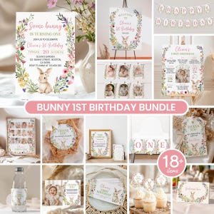 Some Bunny Is One Invitation Bundle, Wildflower Birthday Party Decor Kit, Floral Girl 1st Birthday Invite Bundle, Printable Template. B023