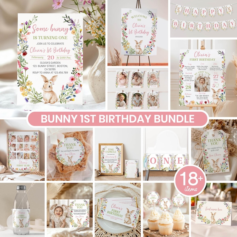 May include: A bunny-themed first birthday party bundle featuring floral-decorated invitations, milestone posters, photo banners, thank you tags, cupcake toppers, and water bottle labels, all adorned with watercolor illustrations of rabbits.