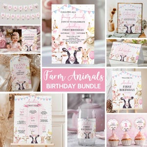 Pacote de convites editáveis para festa de aniversário com animais da fazenda, kit de aniversário para fazenda, pacote para festa de aniversário de menina da fazenda, modelo para impressão. F020