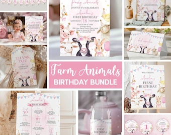 May include: A selection of farm animal-themed birthday party decorations. Includes banners, invitations, signs, cupcake toppers, and water bottle labels. The designs feature illustrations of cows, sheep, rabbits, and other farm animals in pastel colours.