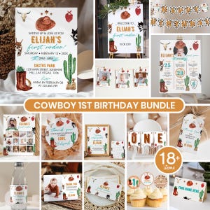 Cowboy 1st Birthday Bundle, First Rodeo Party Decor, Western Boy Birthday Set, Editable Printable, Wild West Theme Party Template. R007