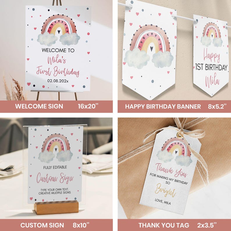 May include: Party decorations with a rainbow theme, including a welcome sign (40x51 cm), a banner (20x13 cm), a custom sign (20x25 cm), and thank you tags (5x9 cm). Each item features a rainbow design with clouds and hearts, ideal for a birthday.