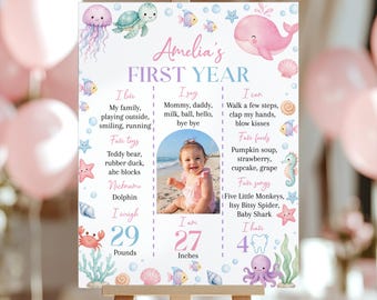 Editable Oneder the Sea Milestone Sign | Under the Sea First Birthday Board | Ocean Animals Photo Poster | Instant Download | O017