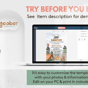 May include: A laptop displays a baby shower invitation template with a camping theme. The invitation features a bear, tent, and text that reads "Here Comes a Little Camper." The screen also shows the text "Try Before You Buy!" and "It's easy to customize the template."
