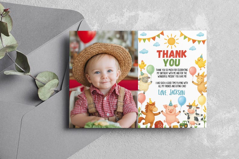 EDITABLE Farm Birthday Thank You Card, Farm Party Photo Thank You Card ...