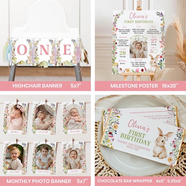 May include: A collection of first birthday party supplies featuring a floral bunny theme. Items include a highchair banner, a 16x20 inch milestone poster, a monthly photo banner for newborn to one year, and a 4x5.25 inch chocolate bar wrapper.