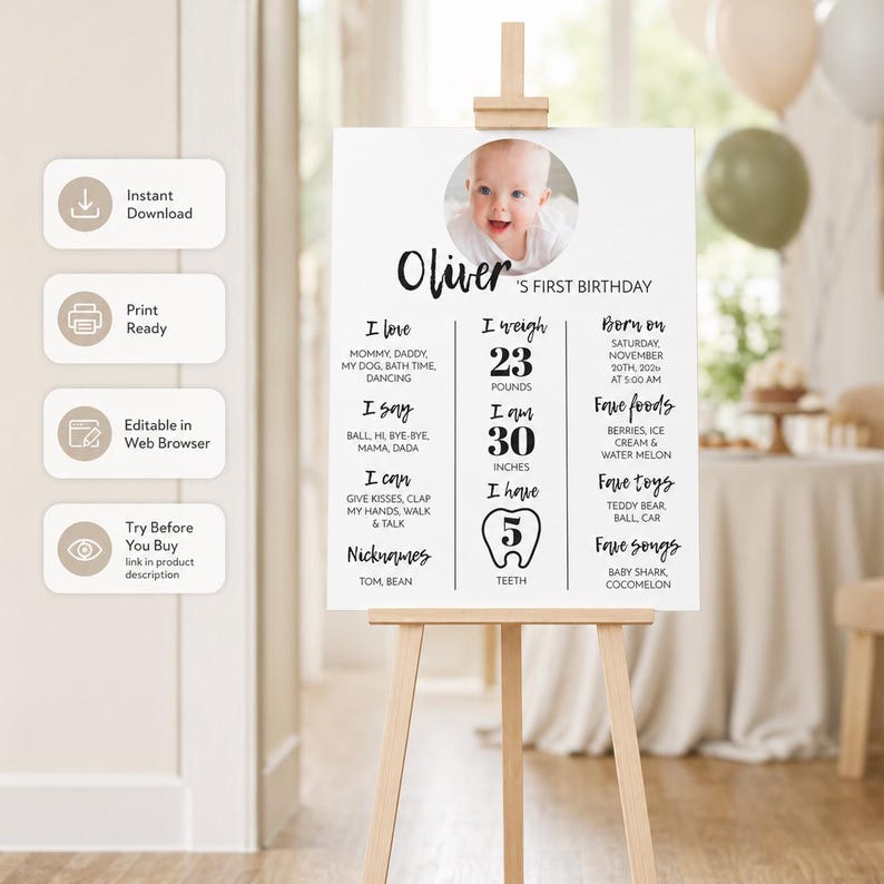 May include: A white birthday milestone sign for Oliver featuring a circular photo of a baby, black text detailing birth date, weight of 23 pounds, height of 30 inches, 5 teeth, favorite foods, toys, songs, and nicknames, displayed on a wooden easel.