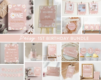 Editable Daisy First Birthday Invitation Bundle, Daisy Birthday Party Decor Kit, Retro Daisy Theme Birthday Package, Instant Download. #D003