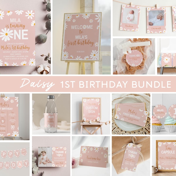 Bearbeitbare Daisy First Birthday Einladung Bundle, Daisy Birthday Party Decor Kit, Retro Daisy Theme Geburtstagspaket, Instant Download. #D003