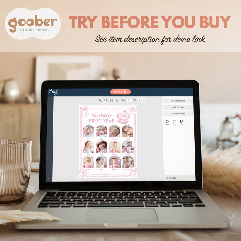 Puede incluir: Un ordenador port&aacute;til muestra una plantilla de collage de fotos de beb&eacute; rosa y blanco. El texto en la pantalla dice "Charlottes FIRST YEAR". La parte superior de la pantalla tiene el texto "TRY BEFORE YOU BUY" y "See item description for demo link".
