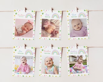 Bearbeitbares Fotobanner für das erste Jahr, 12-monatige Fotobanner, Lucky One Geburtstagsdekor, Mädchen 1. L008