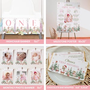 May include: A collection of party decorations featuring a winter forest theme with bears and deer. Includes a 5x7 inch highchair banner, a 16x20 inch milestone poster, a monthly photo banner with 5x7 inch cards, and 4x5.25 inch chocolate bar wrappers.