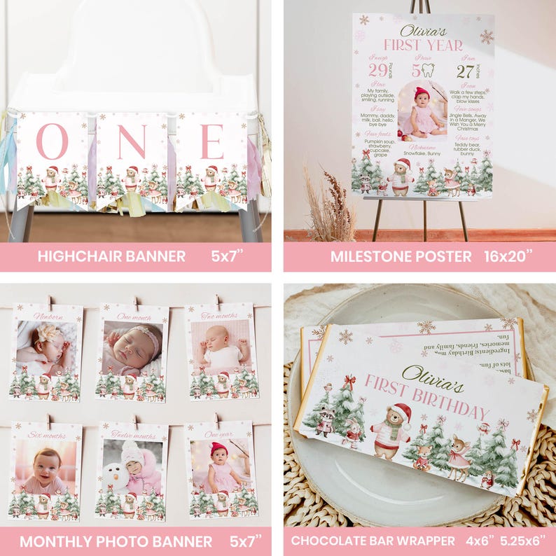 May include: A collection of party decorations featuring a winter forest theme with bears and deer. Includes a 5x7 inch highchair banner, a 16x20 inch milestone poster, a monthly photo banner with 5x7 inch cards, and 4x5.25 inch chocolate bar wrappers.