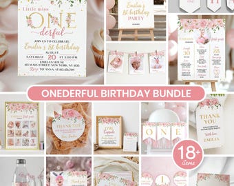 Little Miss Onederful 1st Birthday Invitation Bundle | Pink Floral Girl Party Decor | Editable Rose Gold Templates | Instant Download | O002