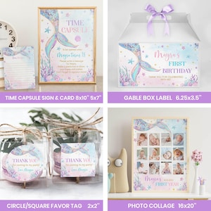 May include: A set of printable mermaid-themed party decorations for a first birthday. The set includes a time capsule sign and card, a gable box label, a circle or square favor tag, and a photo collage. The decorations feature a mermaid tail, seashells, and stars in shades of pink, purple, and blue.