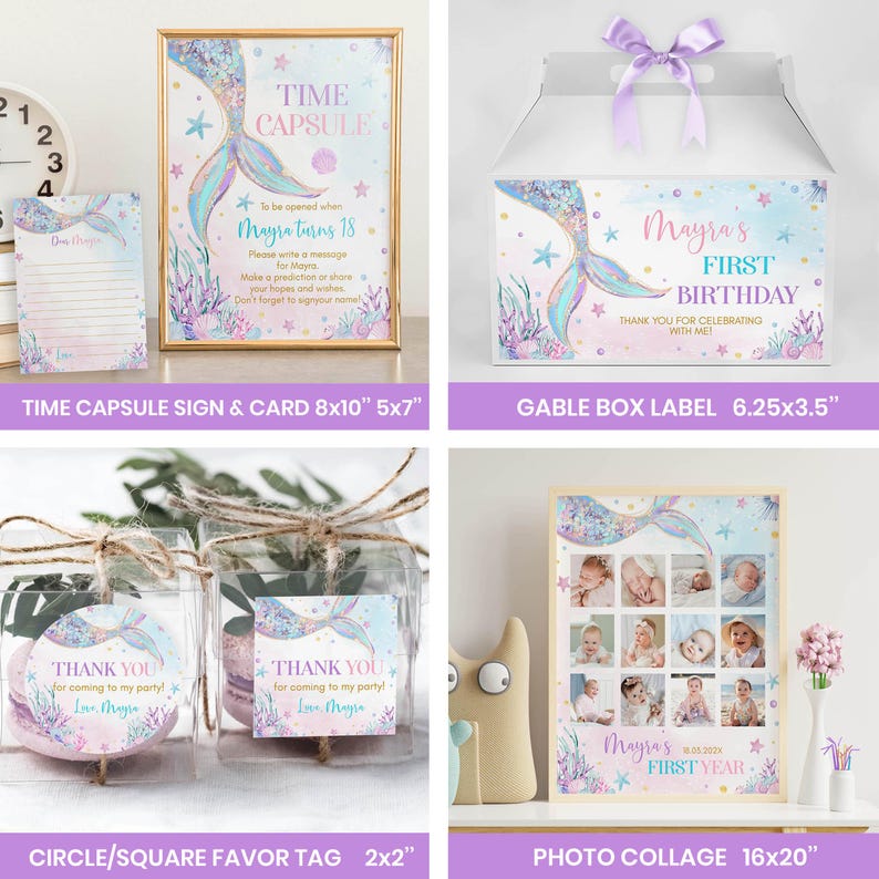 May include: A set of printable mermaid-themed party decorations for a first birthday. The set includes a time capsule sign and card, a gable box label, a circle or square favor tag, and a photo collage. The decorations feature a mermaid tail, seashells, and stars in shades of pink, purple, and blue.