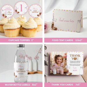 May include: A set of printable party decorations for a first birthday party with a milk and cookies theme. The set includes cupcake toppers, food tent cards, water bottle labels, and thank you cards. The decorations feature a pink and gold color scheme with illustrations of milk bottles, cookies, and the number one.