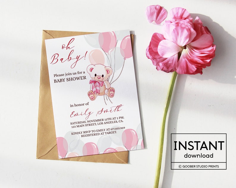 EDITABLE Teddy Bear Baby Shower Invitations Girl Bear Themed Etsy