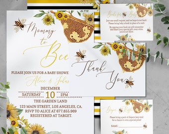 EDITABLE Bee Baby Shower Invitation Set, Mommy To Bee Baby Shower Bundle: Bee Invite, Book For Baby, Diaper Raffle & Thank You Card.B002