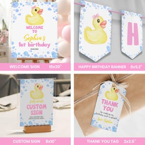 May include: A collection of party decorations featuring yellow rubber ducks and blue bubbles. Includes a 16x20 inch welcome sign for Sophia's 1st birthday, a pennant banner, an 8x10 inch custom sign, and a 2x3.5 inch thank you tag with twine.