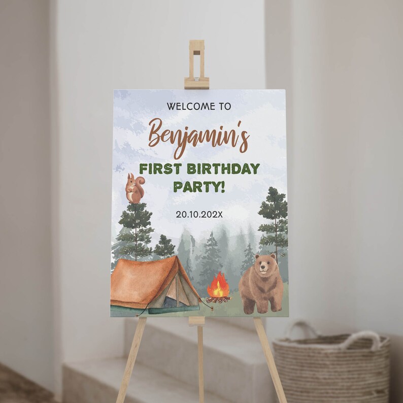 EDITABLE One Happy Camper Birthday Welcome Sign, Woodland 1st Birthday Sign, Camping Birthday Party Decor, Camp Party, Instant Download C006