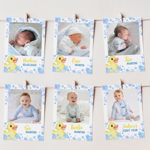 Editable First Year Photo Banner, 12 Month Photo Banner, Rubber Duckie Birthday Decor, Boy 1st Birthday Party, Printable Template. D008