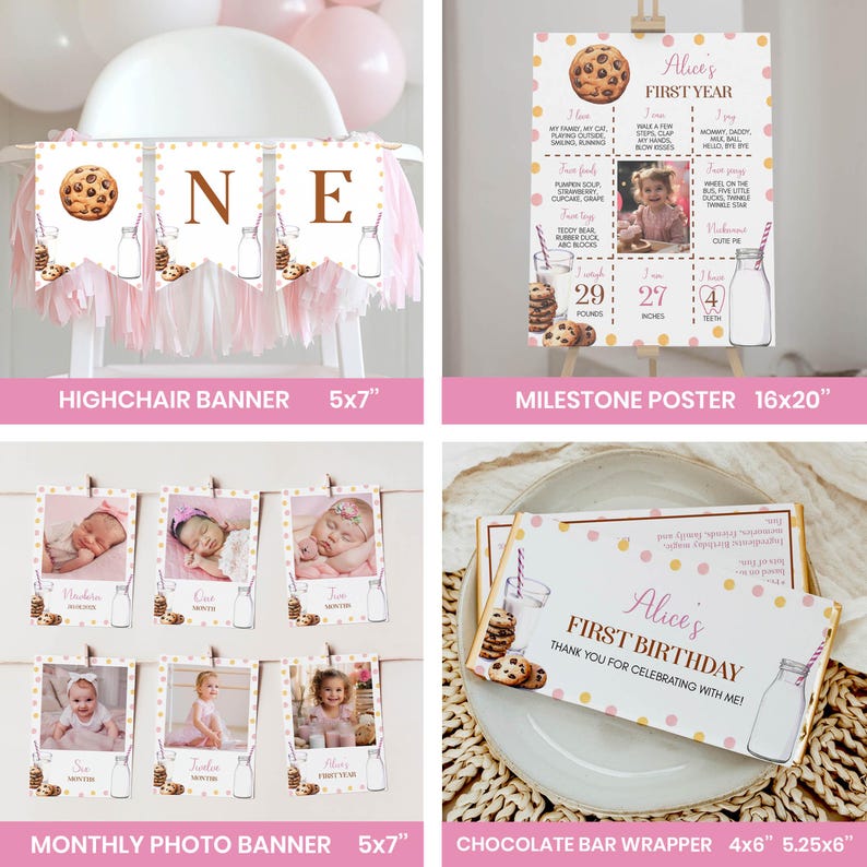 Editable Milk and Cookies First Birthday Invitation Bundle, Girl 1st Birthday Party Kit, Birthday Decor Package, Instant Download. C010 image 7