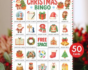 May include: A Christmas Bingo game card with festive illustrations and text. The card features images of Santa Claus, a Christmas tree, and other holiday-themed items. The text "Christmas Bingo" is prominently displayed at the top, with "50 Cards" in the bottom right corner.