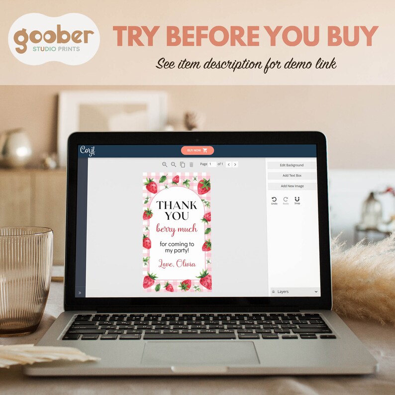 May include: A laptop screen displaying a digital thank you card template with a pink gingham background and watercolor strawberry illustrations. The text reads: THANK YOU berry much for coming to my party! Love, Olivia. The interface shows editing tools.