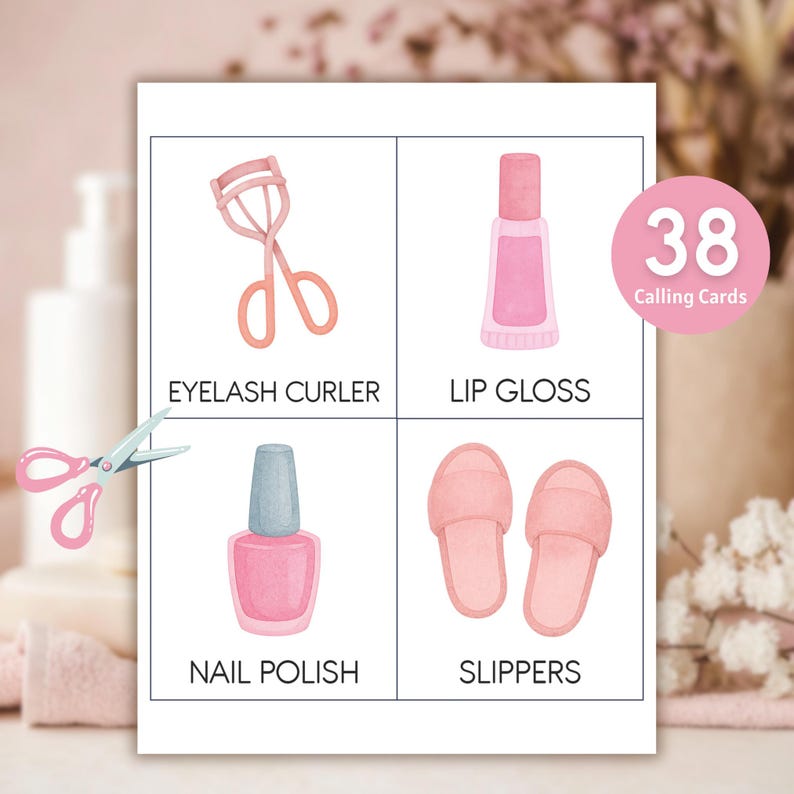 May include: A set of 38 calling cards with watercolour illustrations of beauty products. The images include an eyelash curler, lip gloss, nail polish, and slippers. The text on the cards reads "Eyelash Curler", "Lip Gloss", "Nail Polish", and "Slippers".