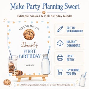 Op de afbeelding: Een digitaal verjaardagsbord-sjabloon met een aquarelthema van koekjes en melk, met de tekst "Welcome to Daniel's First Birthday" en "28.08.202X". Het ontwerp bevat blauwe en gouden stippen, een glas melk en koekjes.