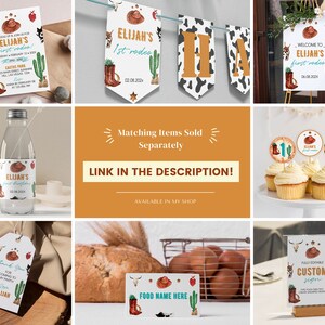 May include: A collection of western-themed party stationery featuring watercolor illustrations of cowboy hats, boots, cacti, and cow print patterns. Items include invitations, banners, water bottle labels, cupcake toppers, favor tags, and food signs.