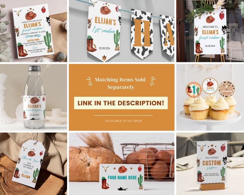 May include: A collection of western-themed party stationery featuring watercolor illustrations of cowboy hats, boots, cacti, and cow print patterns. Items include invitations, banners, water bottle labels, cupcake toppers, favor tags, and food signs.
