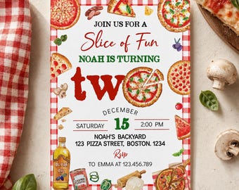 EDITABLE Pizza Party Birthday Invitation, Pizza Second Birthday Invite, Kids Pizza Birthday Party 2nd Birthday, Printable Template. P016