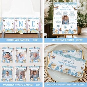May include: A collection of party decorations featuring a winter fairy and mushroom theme in blue and white. Includes a highchair banner, a 16x20 inch milestone poster, a monthly photo banner with 5x7 inch cards, and a 4x5.25 inch chocolate bar wrapper.