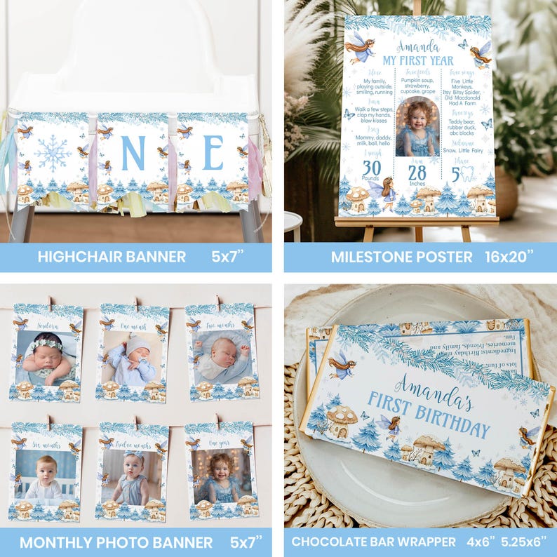 May include: A collection of party decorations featuring a winter fairy and mushroom theme in blue and white. Includes a highchair banner, a 16x20 inch milestone poster, a monthly photo banner with 5x7 inch cards, and a 4x5.25 inch chocolate bar wrapper.