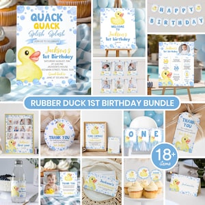 Peut inclure: Un ensemble de f&ecirc;te pour un premier anniversaire sur le th&egrave;me du canard en caoutchouc comprenant 18 articles tels que des invitations, une pancarte, une banni&egrave;re, des affiches, des &eacute;tiquettes et des d&eacute;corations avec des motifs de bulles bleues.